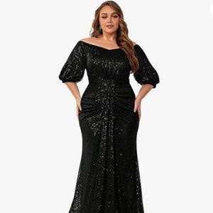 Plus Size Off Shoulder Puff Sleeve Sequin Formal Maxi Dress Evening Gown 1XL